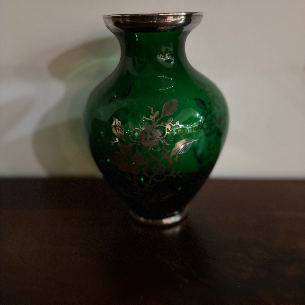 Silver overlay 8 inch Elegant Green Floral Vase, rounded body,collectors item